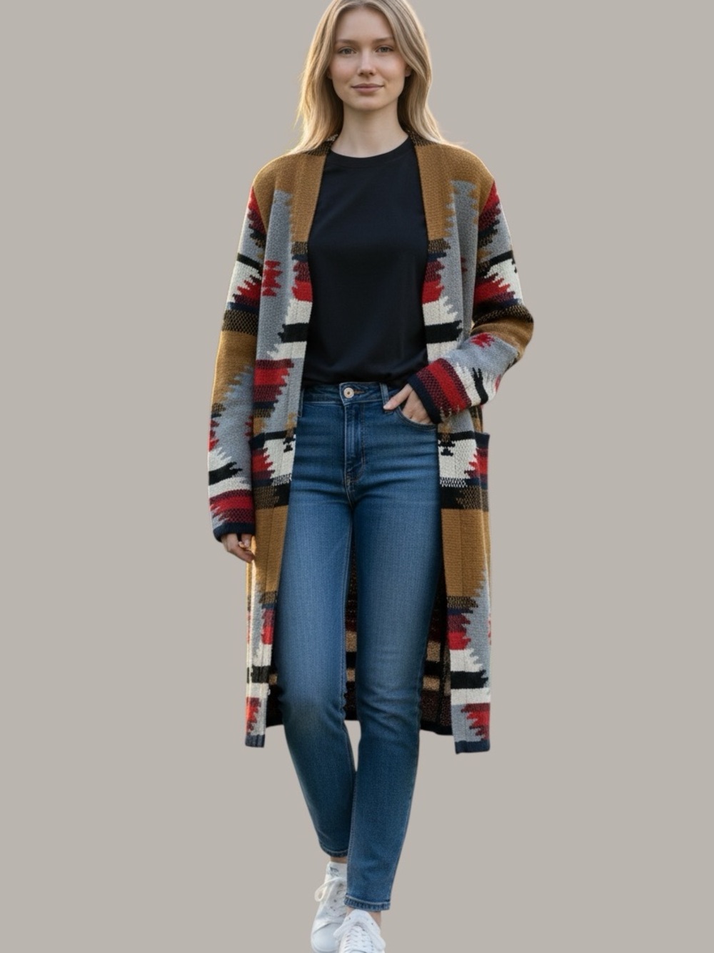 Keren Hart Aztec Color Design, 100% Acrylic, Long Cardigan Sweater